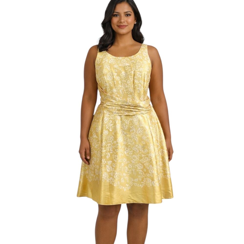 eShakti Yellow White Floral Fit Flare Dress Women’s Size 12 14 Sleeveless Party